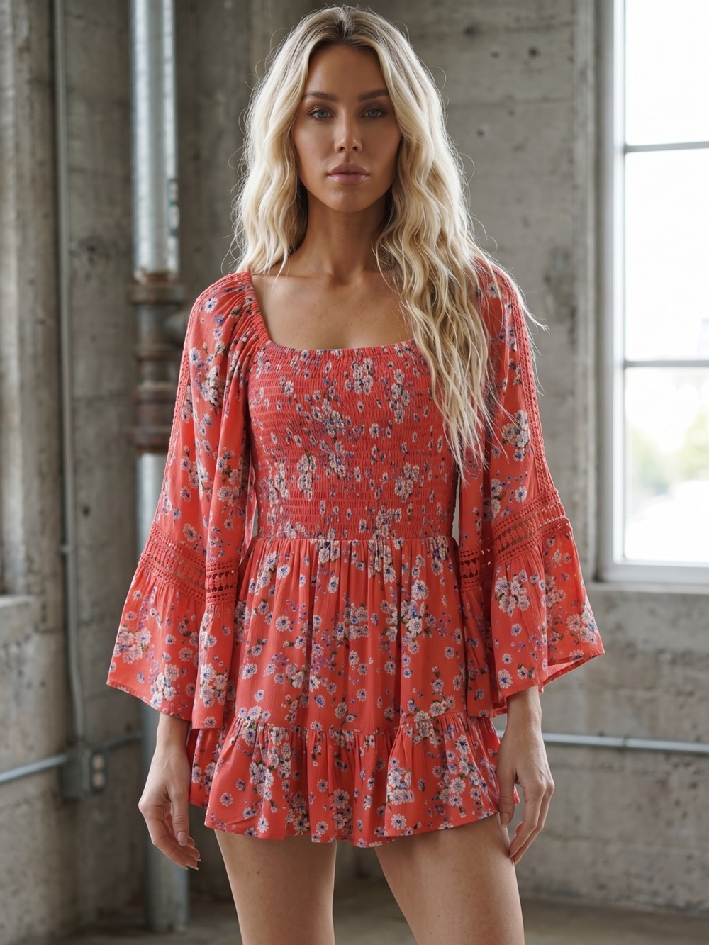 NWT Angie Boho Floral Print Crochet Bell Sleeve Romper - Picture 10 of 10